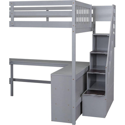Full Size Loft Bed with Built-in L-Shaped Desk and Three-Tier Storage Shelves,and Attached Storage Staircase,Gray