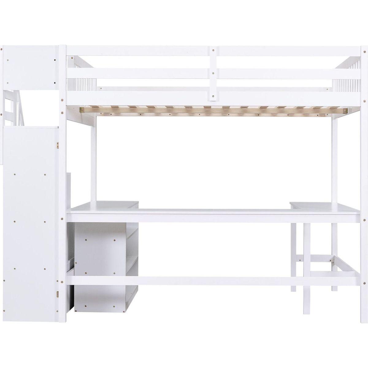 Full Size Loft Bed with Built-in L-Shaped Desk and Three-Tier Storage Shelves,and Attached Storage Staircase, White