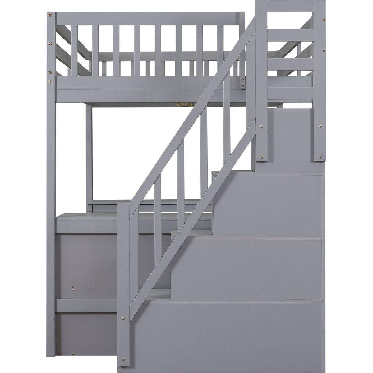 Full Size Loft Bed with Built-in L-Shaped Desk and Three-Tier Storage Shelves,and Attached Storage Staircase,Gray