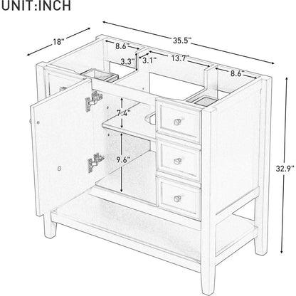 36" Bathroom Vanity without Sink, Cabinet Base Only, One Cabinet and three Drawers, Grey