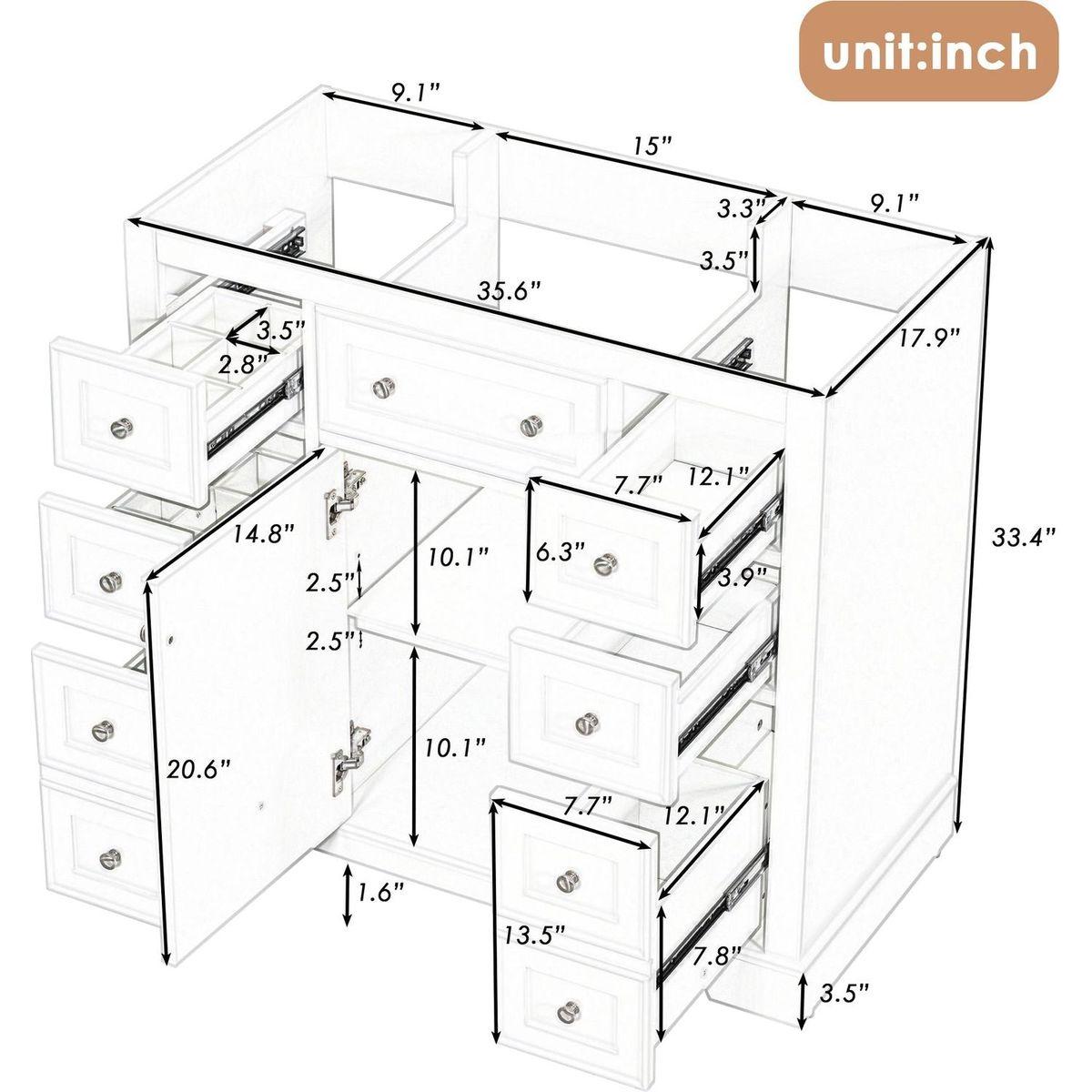 36" Bathroom Vanity without Sink, Cabinet Base Only, One Cabinet and Six Drawers, Green