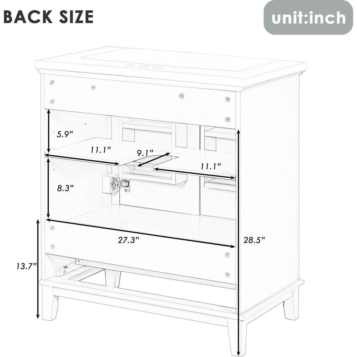 30" Bathroom Vanity without Sink, Base Only, Multi-functional Bathroom Cabinet with Doors and Drawer, Solid Frame and MDF Board, Grey