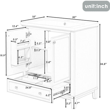 30" Bathroom Vanity with Sink Combo, Multi-functional Bathroom Cabinet with Doors and Drawer, Solid Frame and MDF Board, Grey