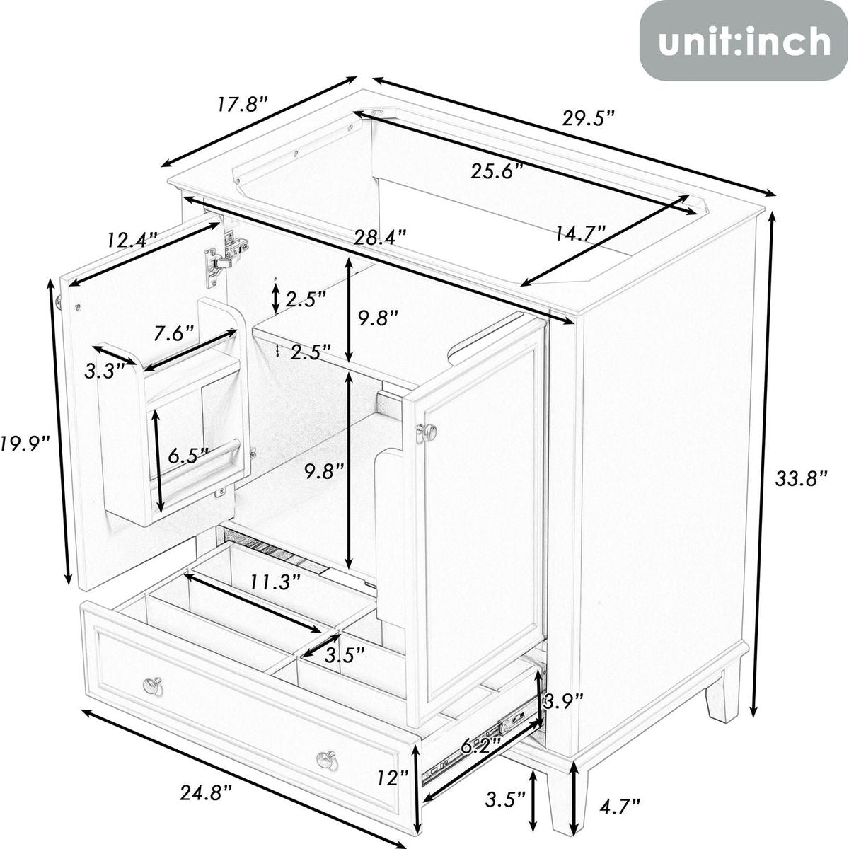 30" Bathroom Vanity without Sink, Base Only, Multi-functional Bathroom Cabinet with Doors and Drawer, Solid Frame and MDF Board, Grey