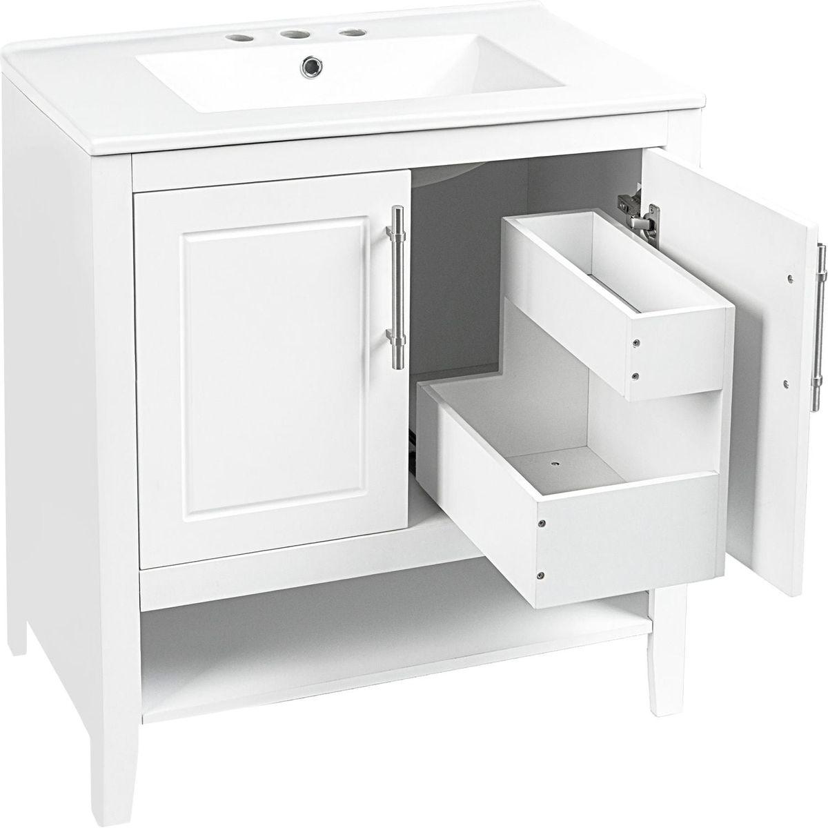 30" Bathroom Vanity with Sink, Multi-functional Bathroom Cabinet with Doors and Drawers, Solid Frame and MDF Board, White