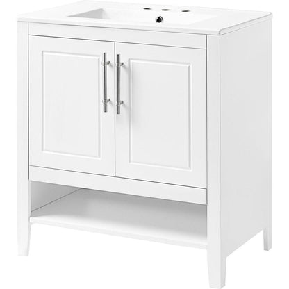 30" Bathroom Vanity with Sink, Multi-functional Bathroom Cabinet with Doors and Drawers, Solid Frame and MDF Board, White