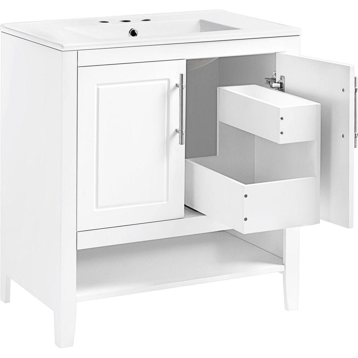 30" Bathroom Vanity with Sink, Multi-functional Bathroom Cabinet with Doors and Drawers, Solid Frame and MDF Board, White