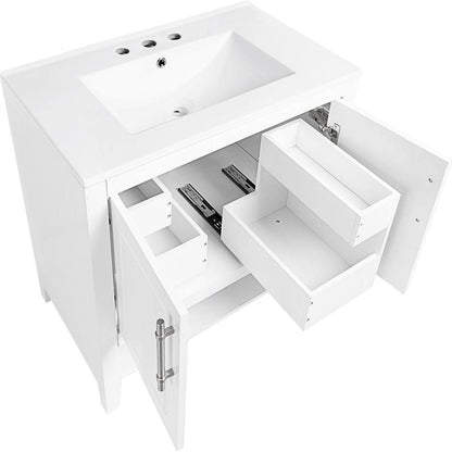 30" Bathroom Vanity with Sink, Multi-functional Bathroom Cabinet with Doors and Drawers, Solid Frame and MDF Board, White