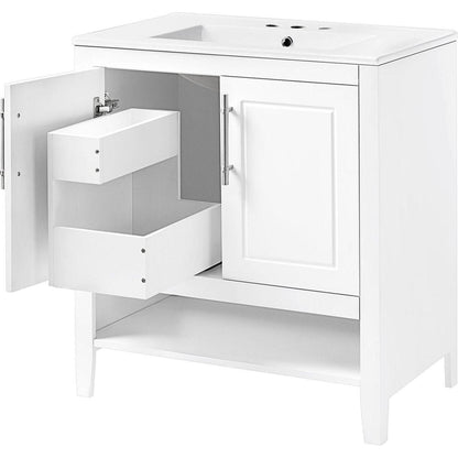 30" Bathroom Vanity with Sink, Multi-functional Bathroom Cabinet with Doors and Drawers, Solid Frame and MDF Board, White