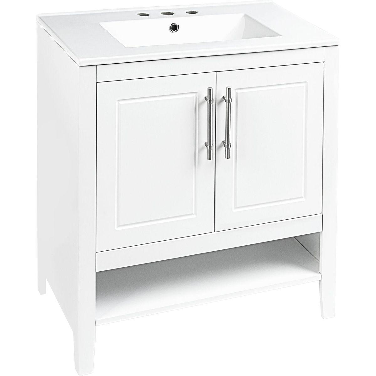 30" Bathroom Vanity with Sink, Multi-functional Bathroom Cabinet with Doors and Drawers, Solid Frame and MDF Board, White