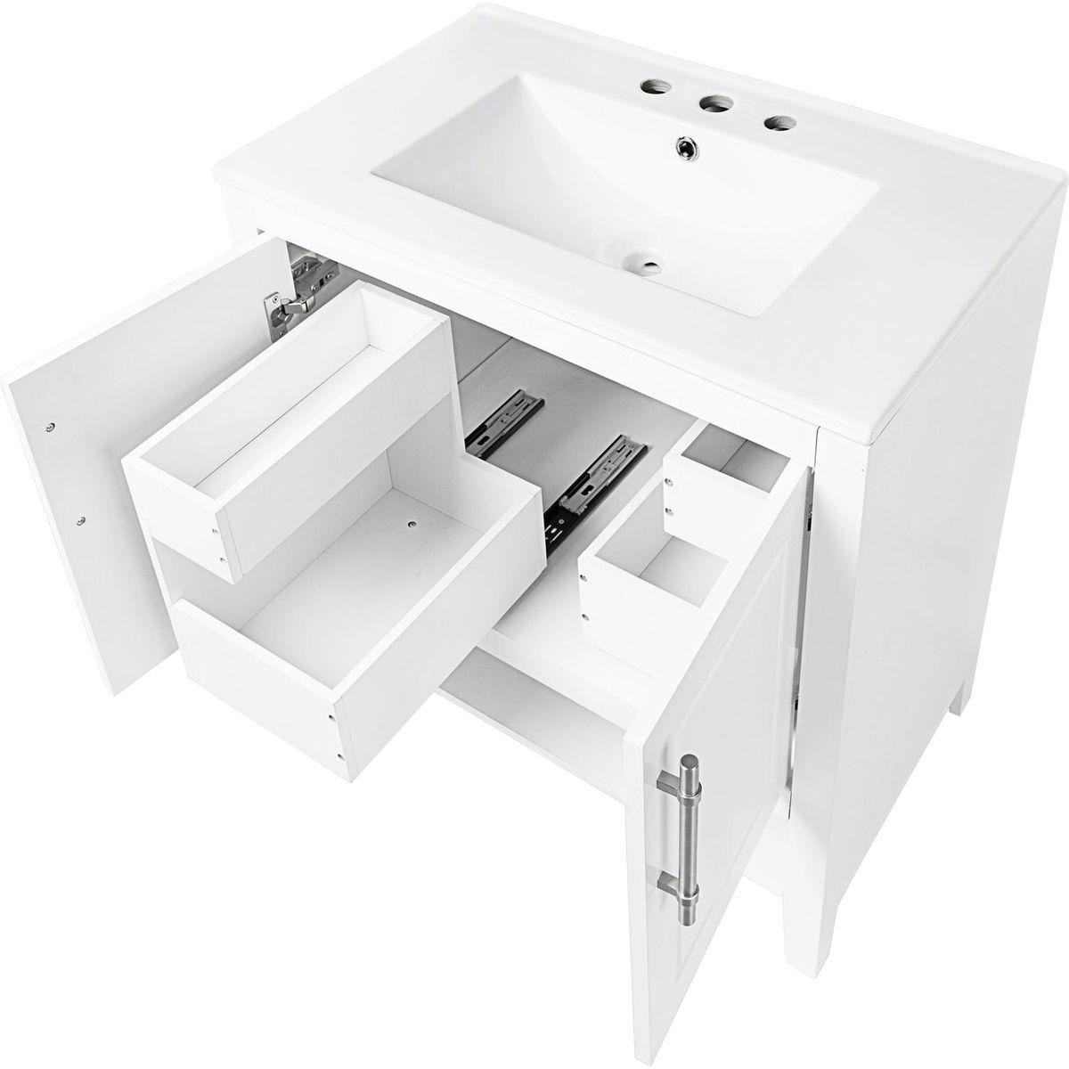 30" Bathroom Vanity with Sink, Multi-functional Bathroom Cabinet with Doors and Drawers, Solid Frame and MDF Board, White