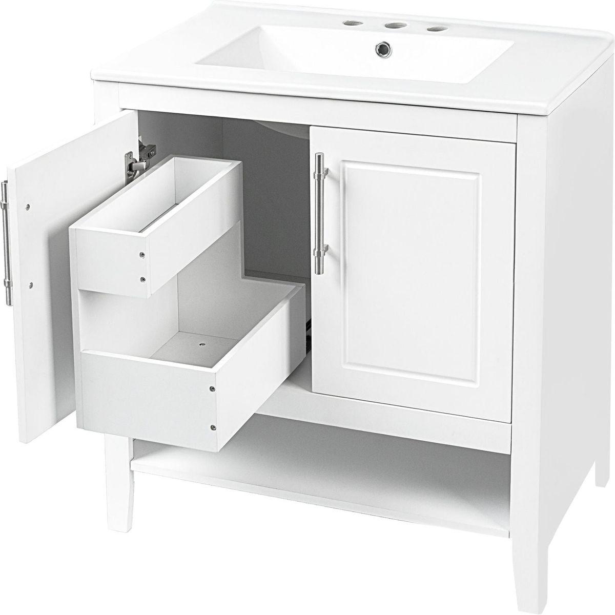 30" Bathroom Vanity with Sink, Multi-functional Bathroom Cabinet with Doors and Drawers, Solid Frame and MDF Board, White