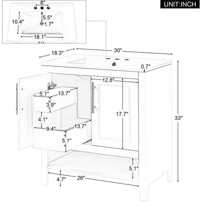 30" Bathroom Vanity with Sink, Multi-functional Bathroom Cabinet with Doors and Drawers, Solid Frame and MDF Board, White