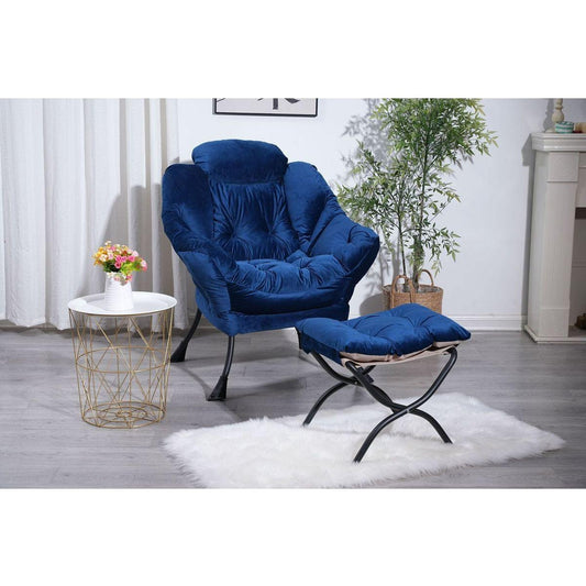 Living Room Chairs Modern Cotton Fabric Lazy Chair, Accent Contemporary Lounge Chair, Single Steel Frame Leisure Sofa Chair with Armrests and A Side Pocket (Blue), with ottoman, with footrest