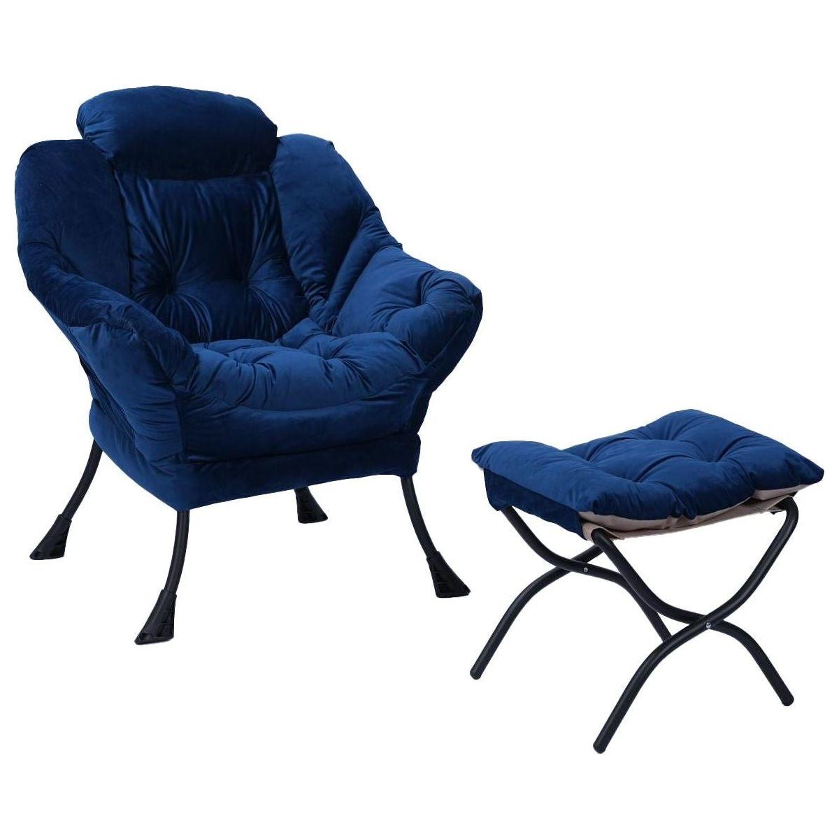 Living Room Chairs Modern Cotton Fabric Lazy Chair, Accent Contemporary Lounge Chair, Single Steel Frame Leisure Sofa Chair with Armrests and A Side Pocket (Blue), with ottoman, with footrest