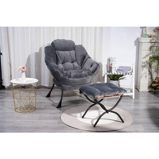 Living Room Chairs Modern Cotton Fabric Lazy Chair, Accent Contemporary Lounge Chair, Single Steel Frame Leisure Sofa Chair with Armrests and A Side Pocket (Dark Gray), with ottoman, with footrest