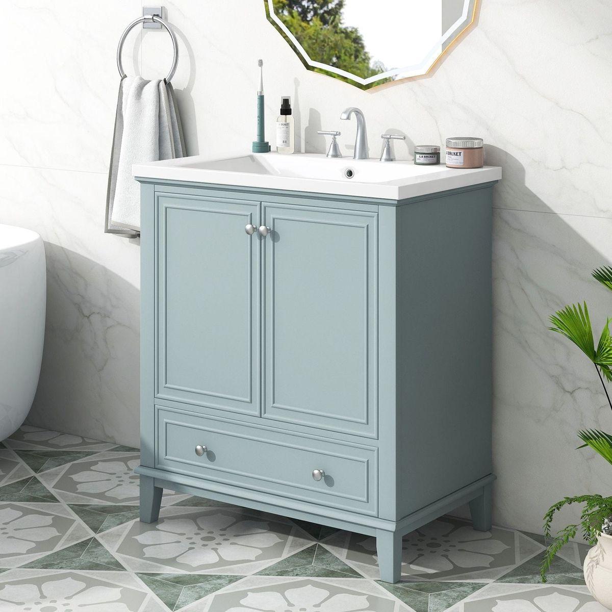 30" Bathroom Vanity with Sink Combo, Multi-functional Bathroom Cabinet with Doors and Drawer, Solid Frame and MDF Board, Green