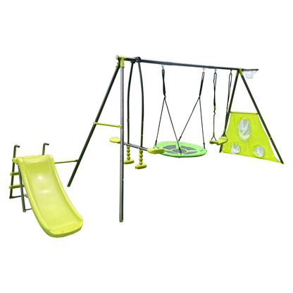 XNS052 green and blue interesting six function swingset with net swing metal plastic safe swing set 440lbs for outdoor playground for age 3+ with 31.5in net swing