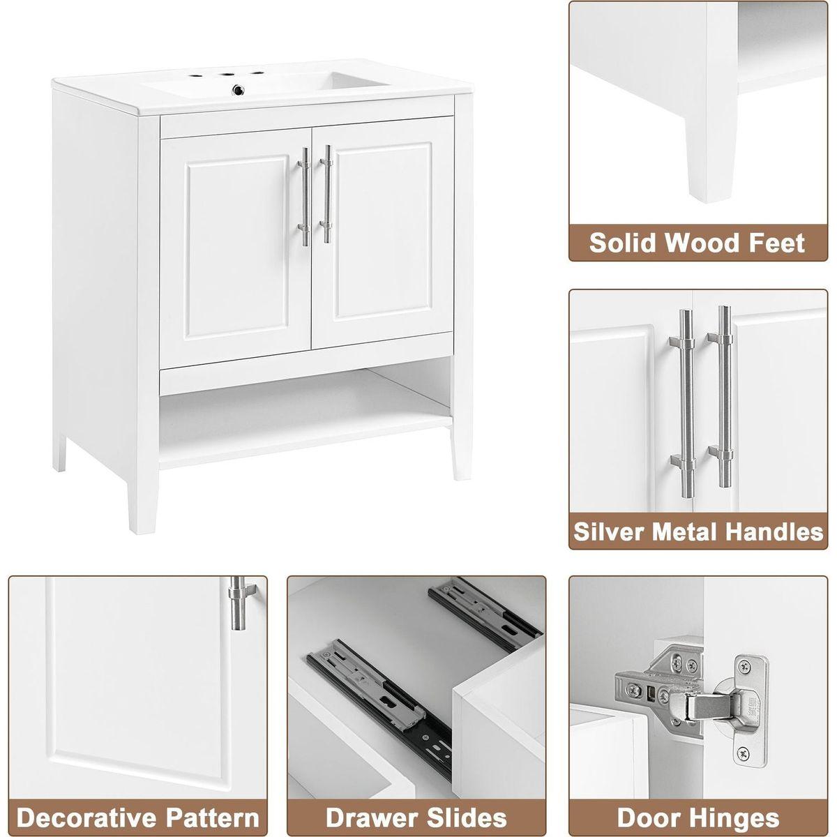 30" Bathroom Vanity with Sink, Multi-functional Bathroom Cabinet with Doors and Drawers, Solid Frame and MDF Board, White