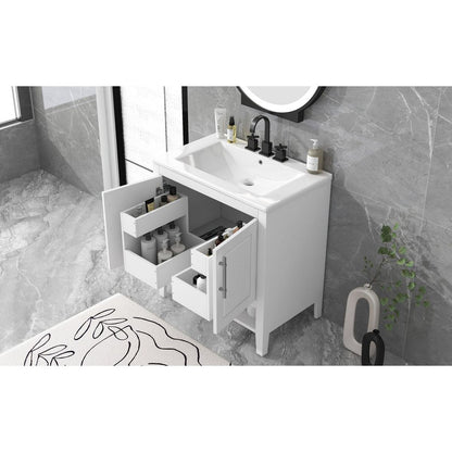 30" Bathroom Vanity with Sink, Multi-functional Bathroom Cabinet with Doors and Drawers, Solid Frame and MDF Board, White