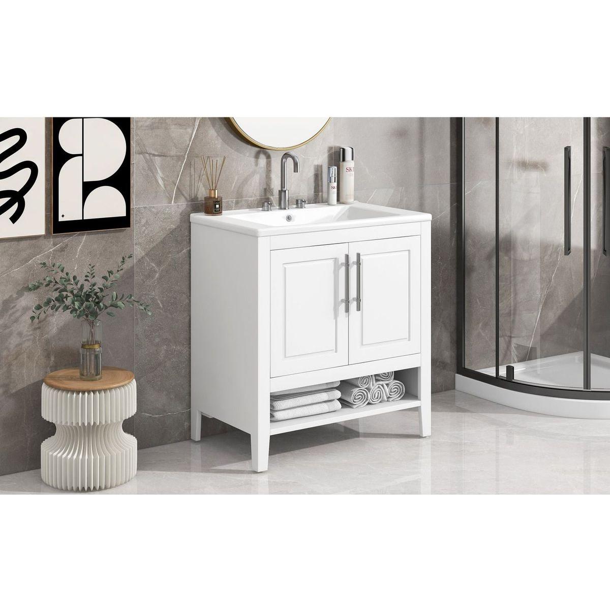 30" Bathroom Vanity with Sink, Multi-functional Bathroom Cabinet with Doors and Drawers, Solid Frame and MDF Board, White