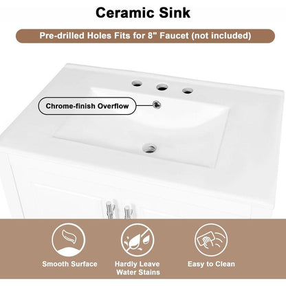 30" Bathroom Vanity with Sink, Multi-functional Bathroom Cabinet with Doors and Drawers, Solid Frame and MDF Board, White