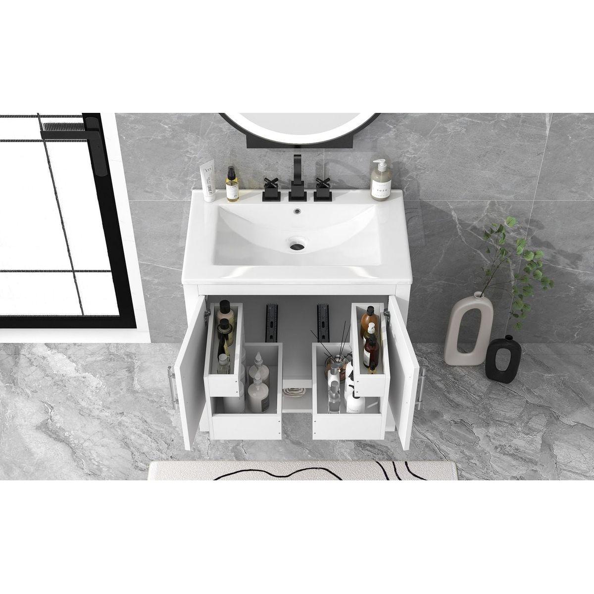 30" Bathroom Vanity with Sink, Multi-functional Bathroom Cabinet with Doors and Drawers, Solid Frame and MDF Board, White