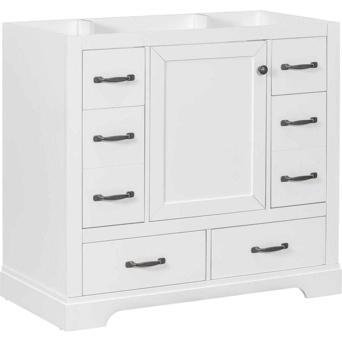 36" Bathroom Vanity without Sink, Cabinet Base Only, Six Drawers, Multi-Functional Drawer Divider, Adjustable Shelf, White