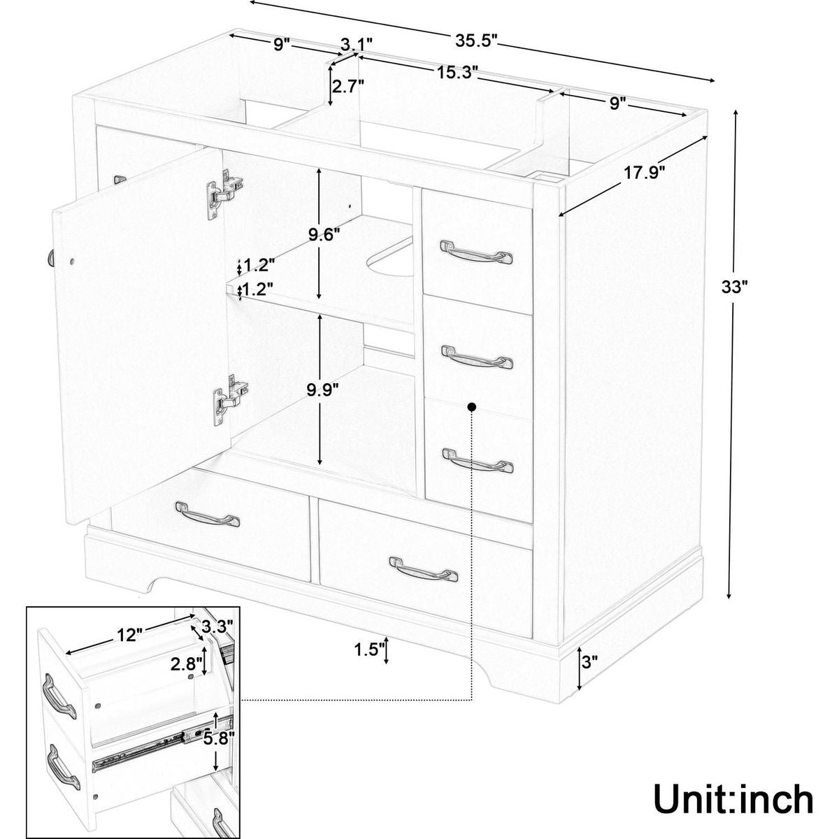 36" Bathroom Vanity without Sink, Cabinet Base Only, Six Drawers, Multi-Functional Drawer Divider, Adjustable Shelf, White