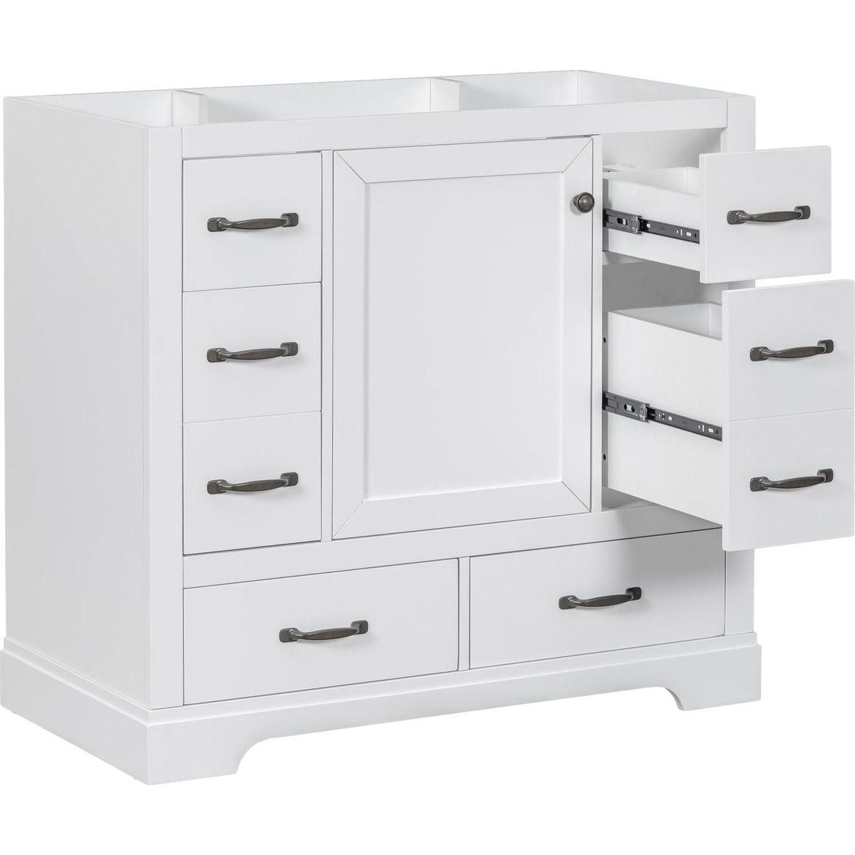 36" Bathroom Vanity without Sink, Cabinet Base Only, Six Drawers, Multi-Functional Drawer Divider, Adjustable Shelf, White