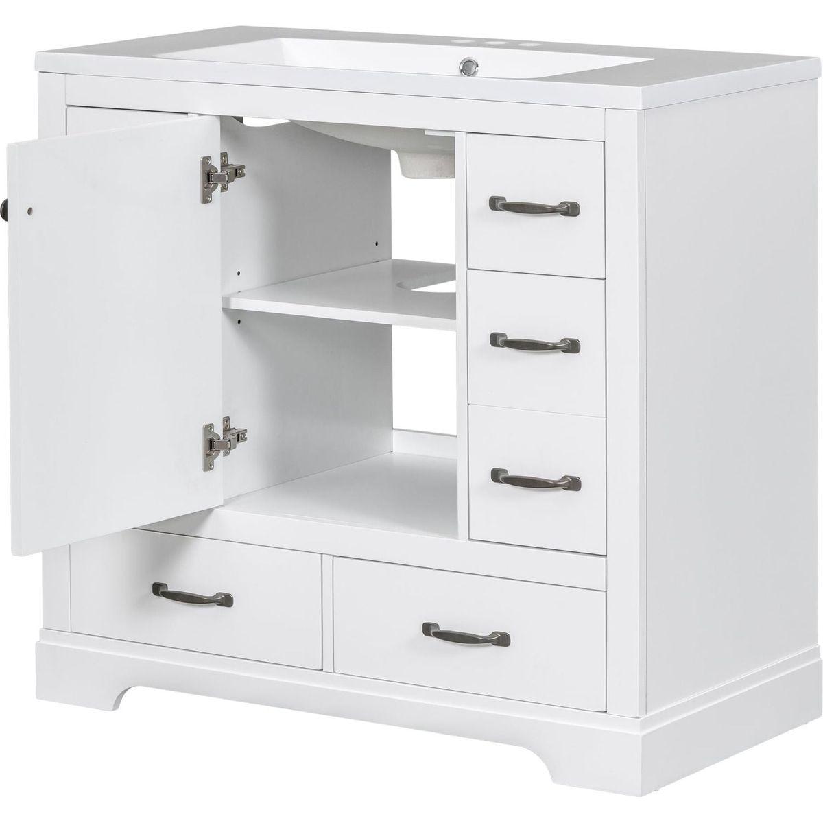 36" Bathroom Vanity with Sink Combo, Six Drawers, Multi-Functional Drawer Divider, Adjustable Shelf, White