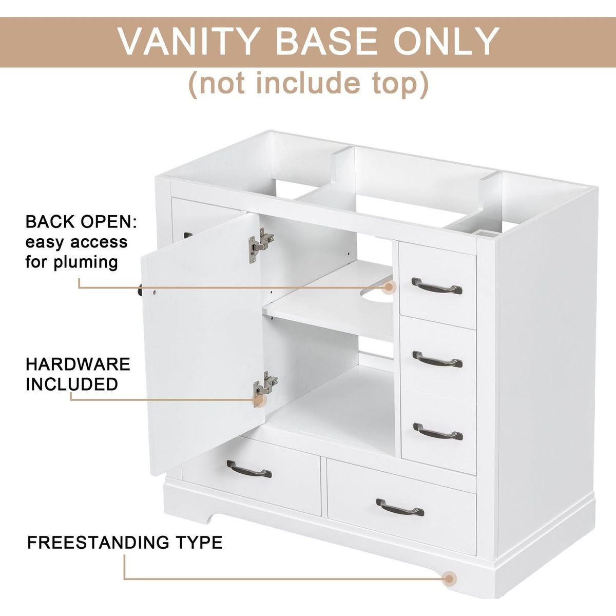 36" Bathroom Vanity without Sink, Cabinet Base Only, Six Drawers, Multi-Functional Drawer Divider, Adjustable Shelf, White