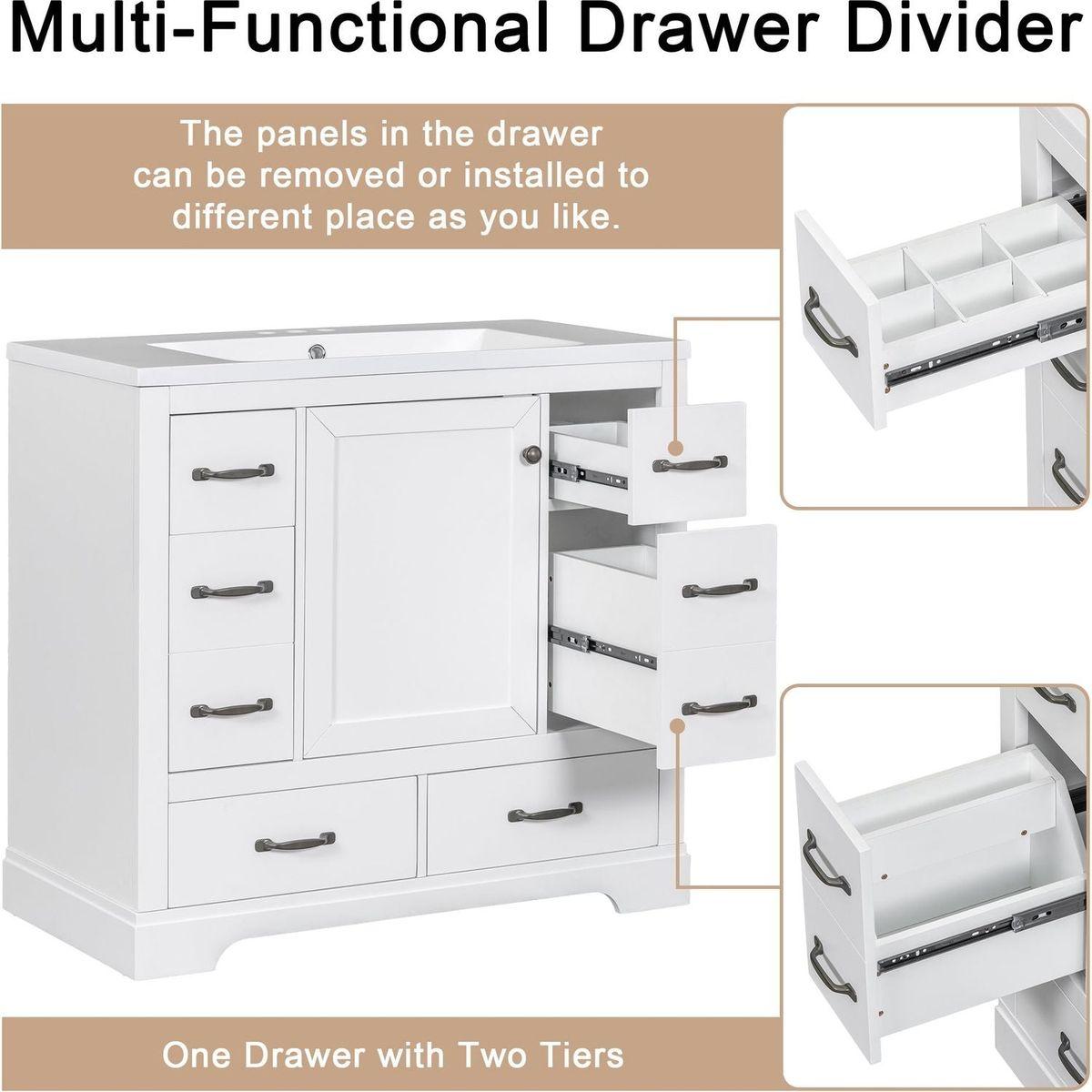 36" Bathroom Vanity with Sink Combo, Six Drawers, Multi-Functional Drawer Divider, Adjustable Shelf, White