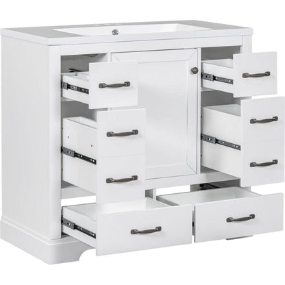 36" Bathroom Vanity with Sink Combo, Six Drawers, Multi-Functional Drawer Divider, Adjustable Shelf, White