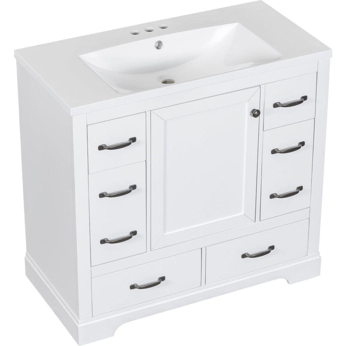 36" Bathroom Vanity with Sink Combo, Six Drawers, Multi-Functional Drawer Divider, Adjustable Shelf, White