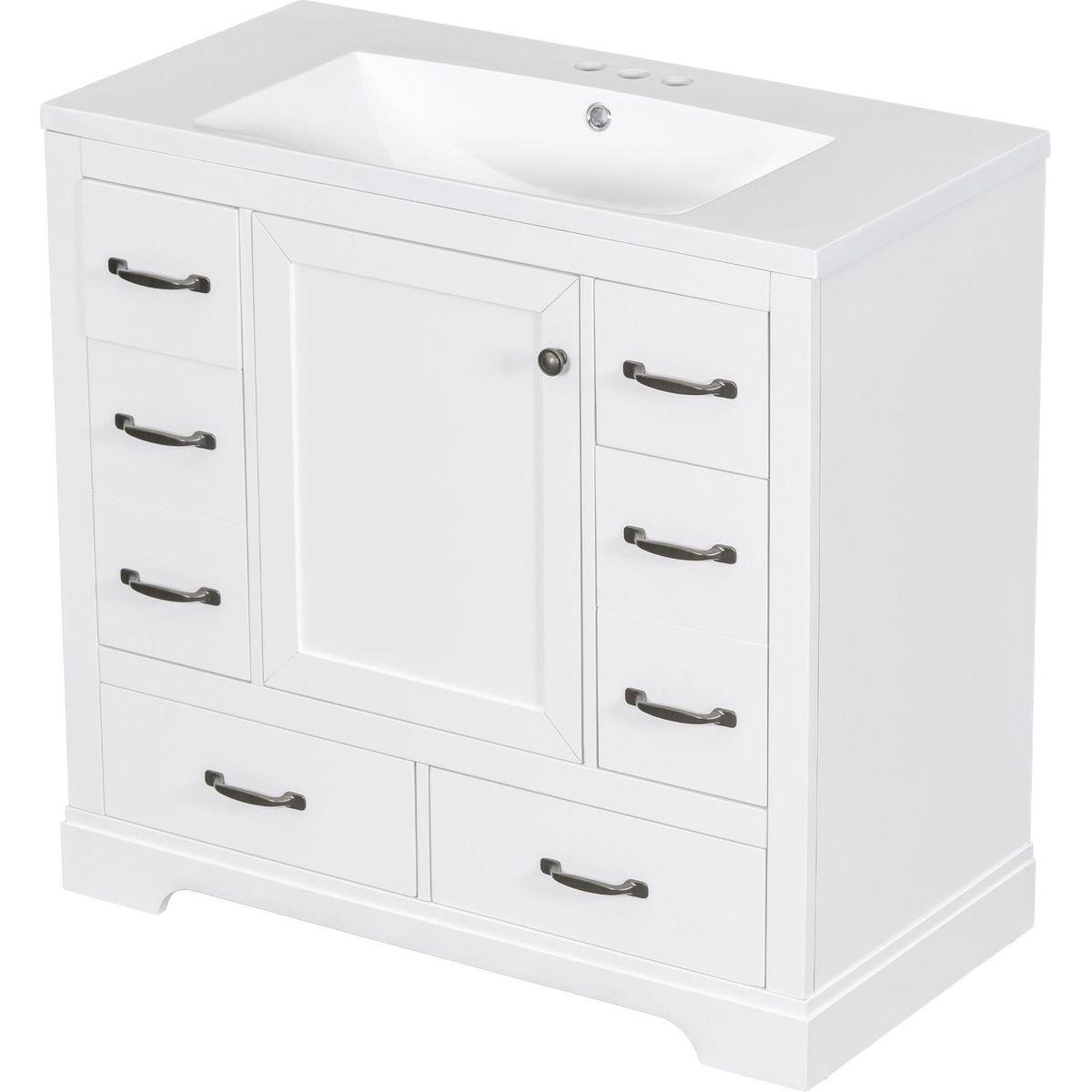 36" Bathroom Vanity with Sink Combo, Six Drawers, Multi-Functional Drawer Divider, Adjustable Shelf, White