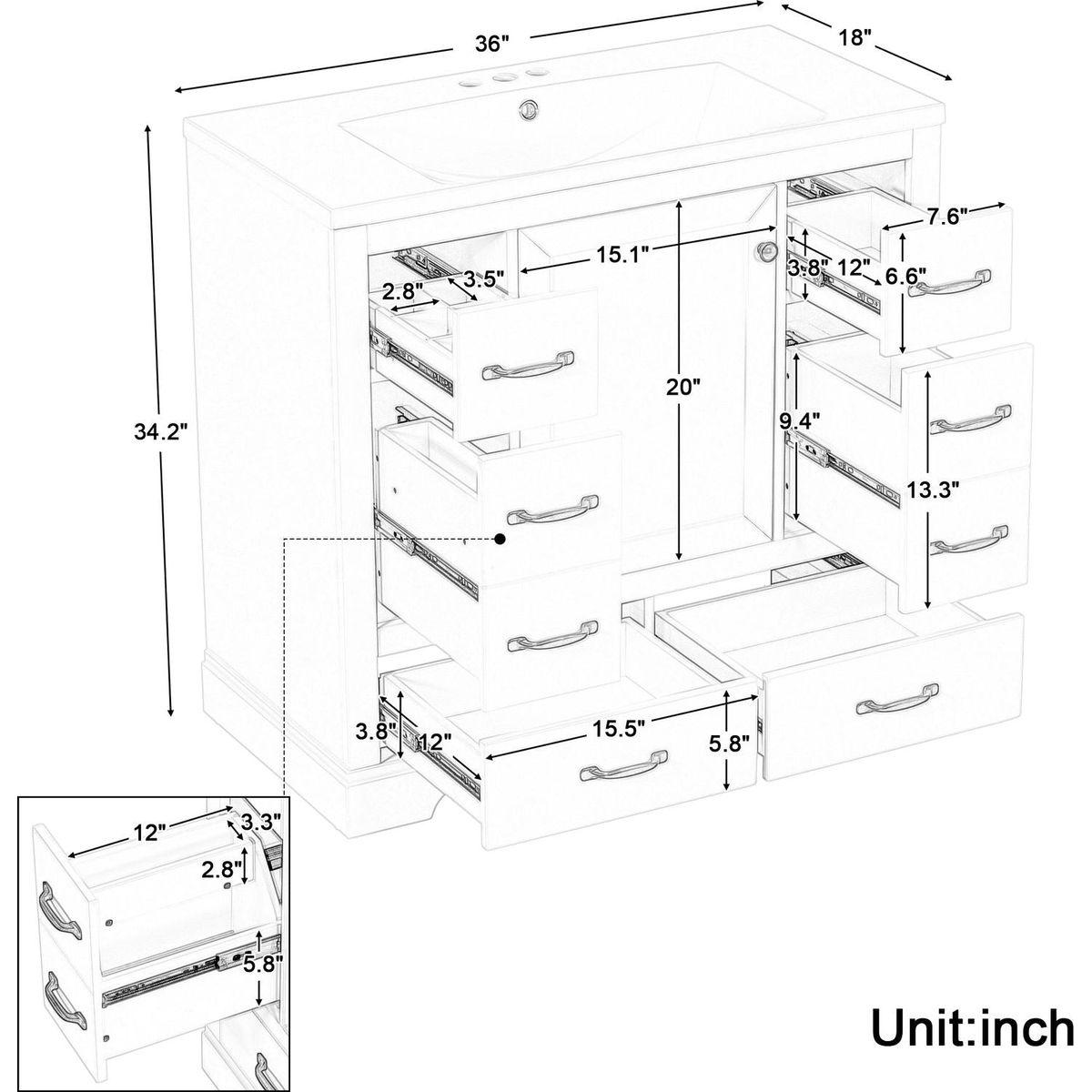 36" Bathroom Vanity with Sink Combo, Six Drawers, Multi-Functional Drawer Divider, Adjustable Shelf, White