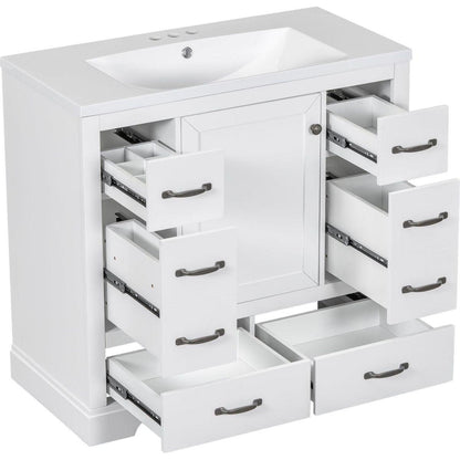 36" Bathroom Vanity with Sink Combo, Six Drawers, Multi-Functional Drawer Divider, Adjustable Shelf, White