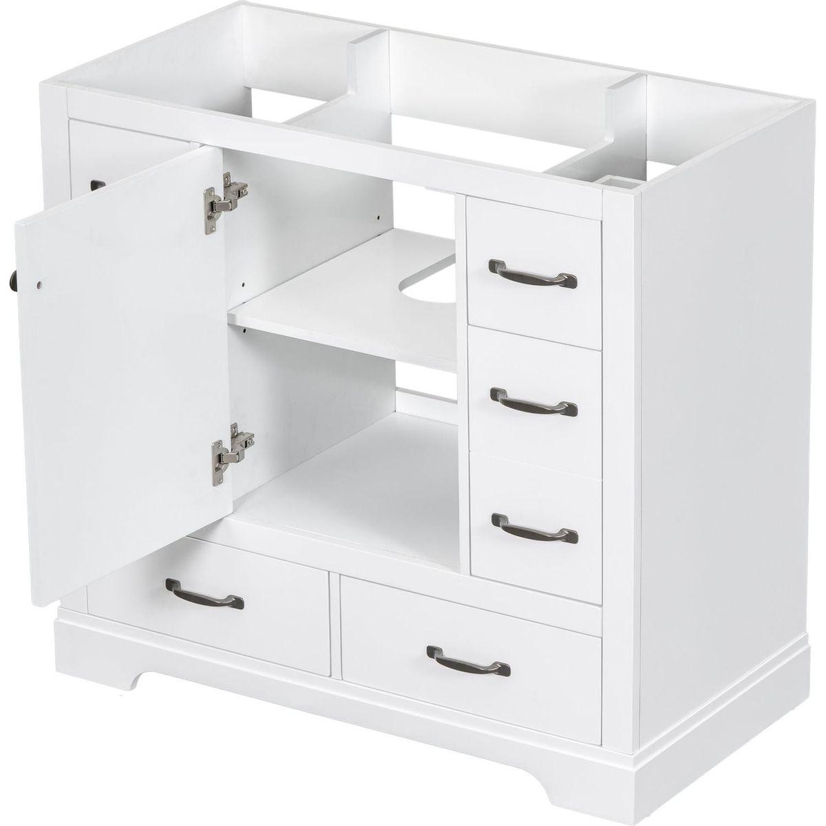 36" Bathroom Vanity without Sink, Cabinet Base Only, Six Drawers, Multi-Functional Drawer Divider, Adjustable Shelf, White