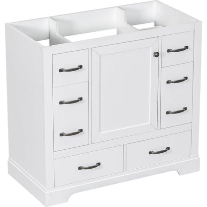 36" Bathroom Vanity without Sink, Cabinet Base Only, Six Drawers, Multi-Functional Drawer Divider, Adjustable Shelf, White