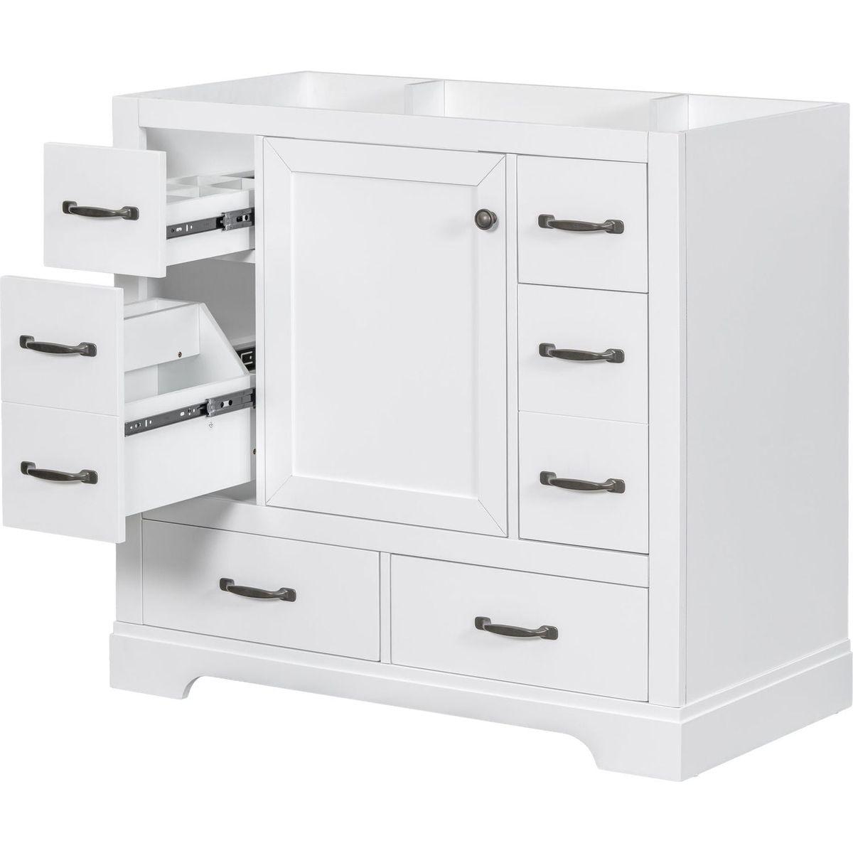 36" Bathroom Vanity without Sink, Cabinet Base Only, Six Drawers, Multi-Functional Drawer Divider, Adjustable Shelf, White