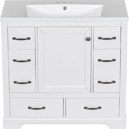 36" Bathroom Vanity with Sink Combo, Six Drawers, Multi-Functional Drawer Divider, Adjustable Shelf, White