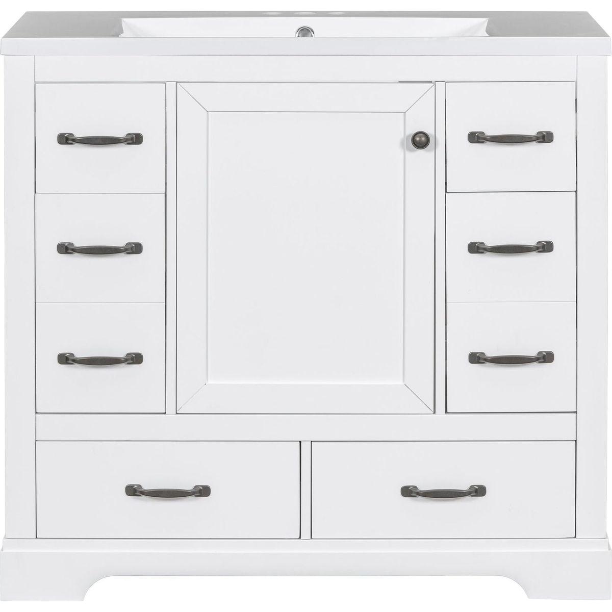 36" Bathroom Vanity with Sink Combo, Six Drawers, Multi-Functional Drawer Divider, Adjustable Shelf, White