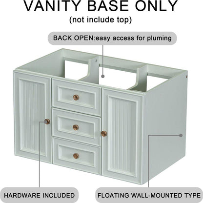 30" Wall Mounted Bathroom Vanity without Sink, Cabinet Base Only, Functional Drawer, Green