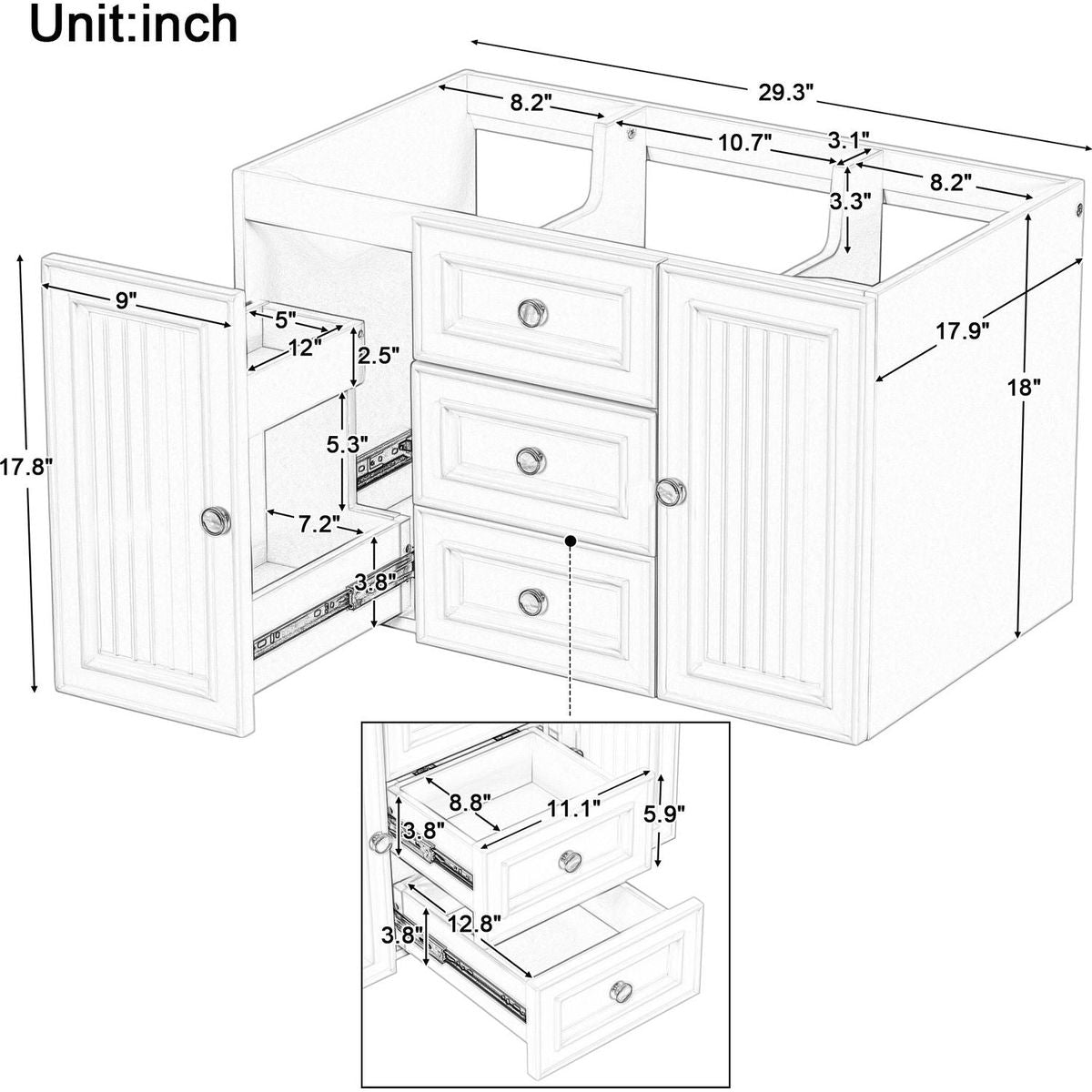 30" Wall Mounted Bathroom Vanity without Sink, Cabinet Base Only, Functional Drawer, Green