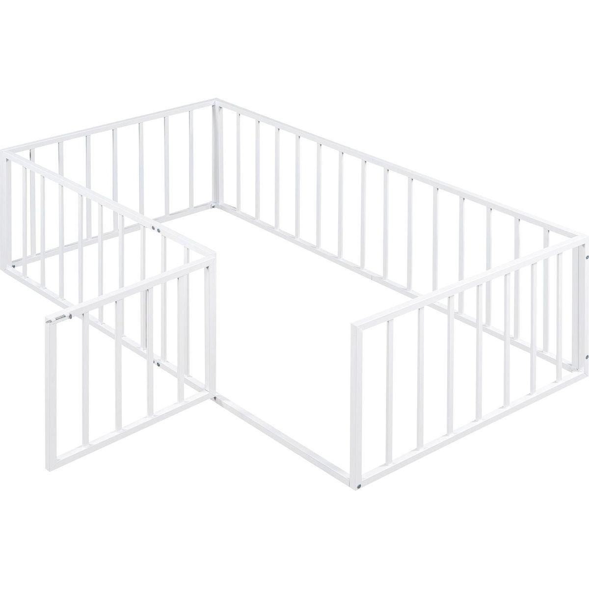 Twin Size Metal Floor Bed Frame with Fence and Door, White