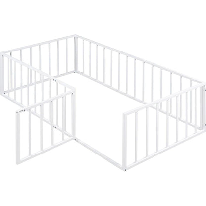 Twin Size Metal Floor Bed Frame with Fence and Door, White