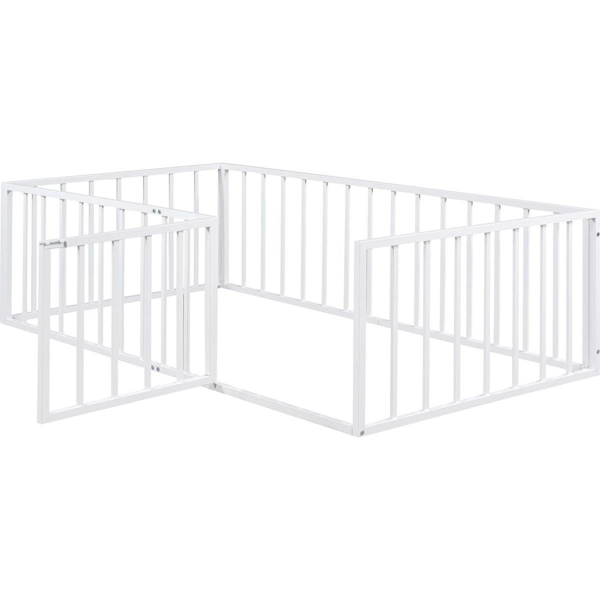 Twin Size Metal Floor Bed Frame with Fence and Door, White