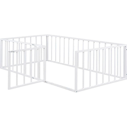Twin Size Metal Floor Bed Frame with Fence and Door, White