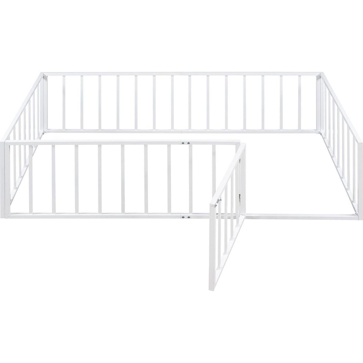 Twin Size Metal Floor Bed Frame with Fence and Door, White